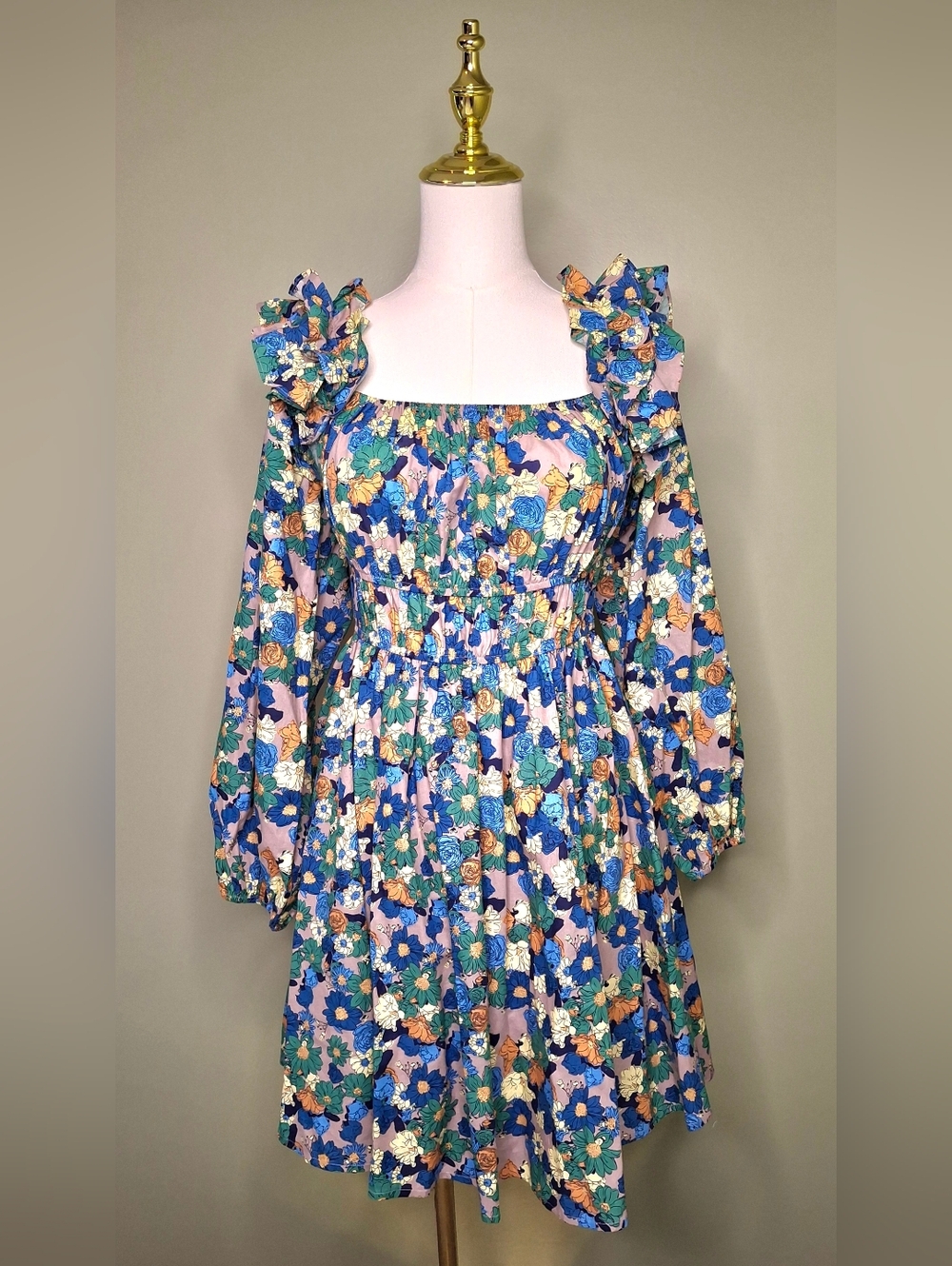 Entro Floral Mini Dress S Boho Puff Sleeve Smocked Anthropologie Style
